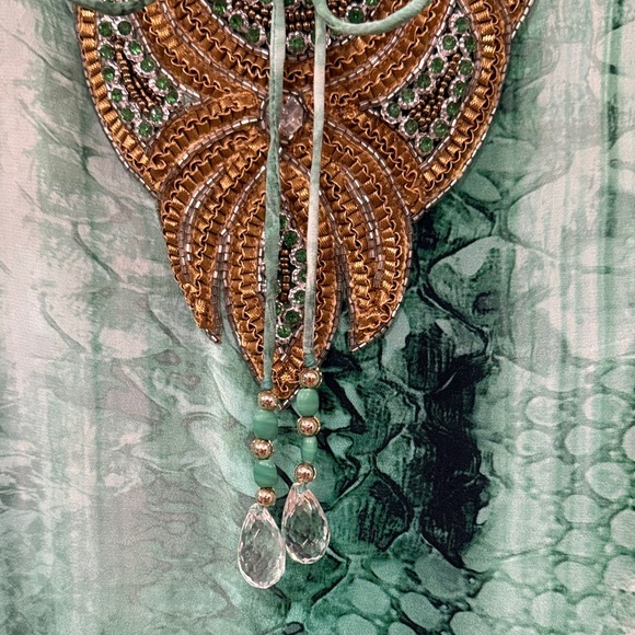 Taj by Sabrina Crippa 3/4 Sleeve Green Snake Print Embellished Top, XS - Picture 6 of 7